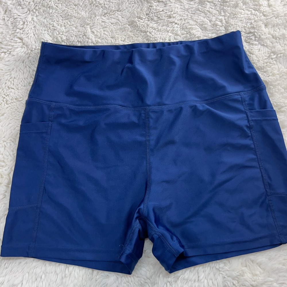 Hodo Sports L Solid Blue High Waisted Pocketed Athletic Biker Shorts Women #340